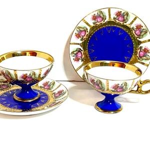 2 sets antique love story ￼Demitasse porcelain tea cup￼ plates royal cobalt blue